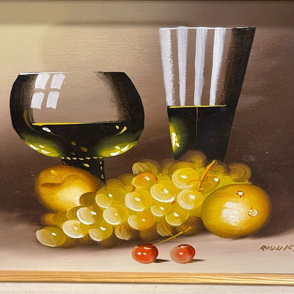 Beautiful Framed Oil Painting Wine & Fruit Still Life Signed Riddick 15x13 - Picture 13 of 13